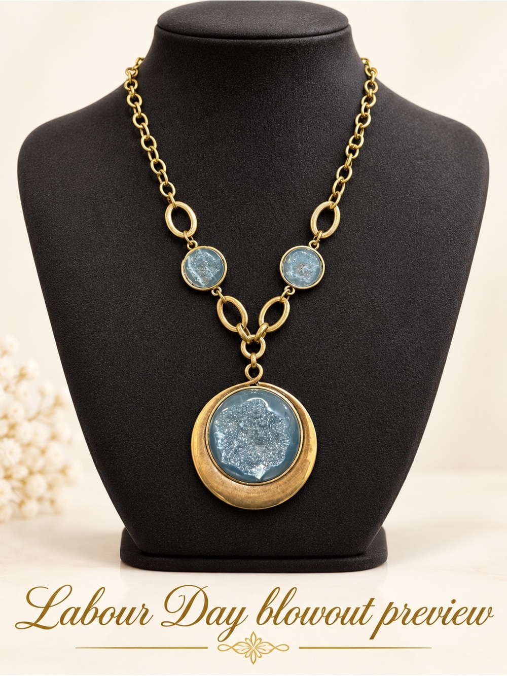 Gold Chain Necklace with NavyFaux Druzy Stone Pendant - Women Jewelry